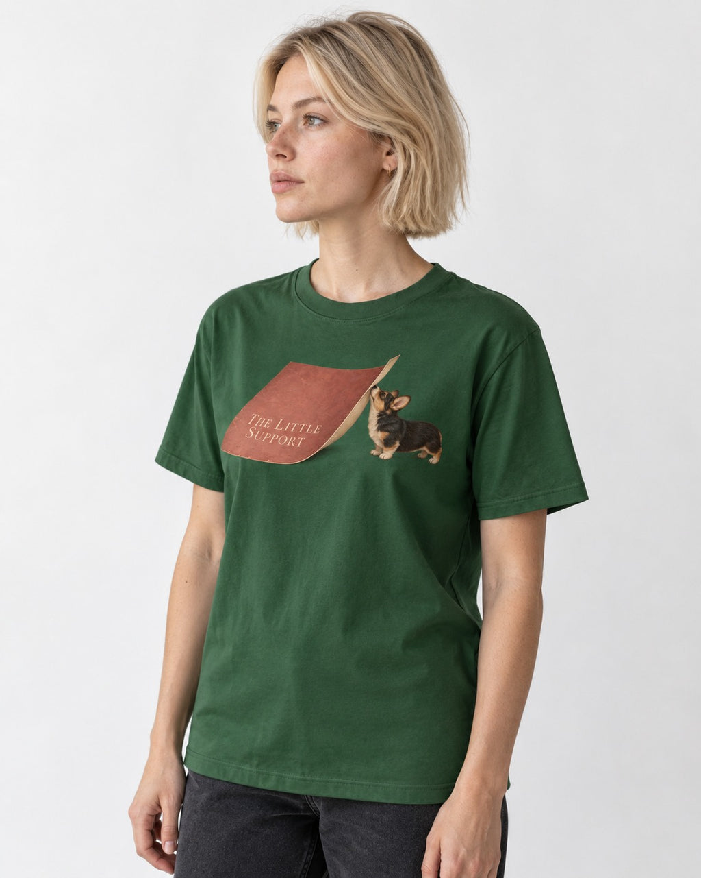 Corgi The Little Support Paper Graphic T-Shirt in Forest Green, worn by a model