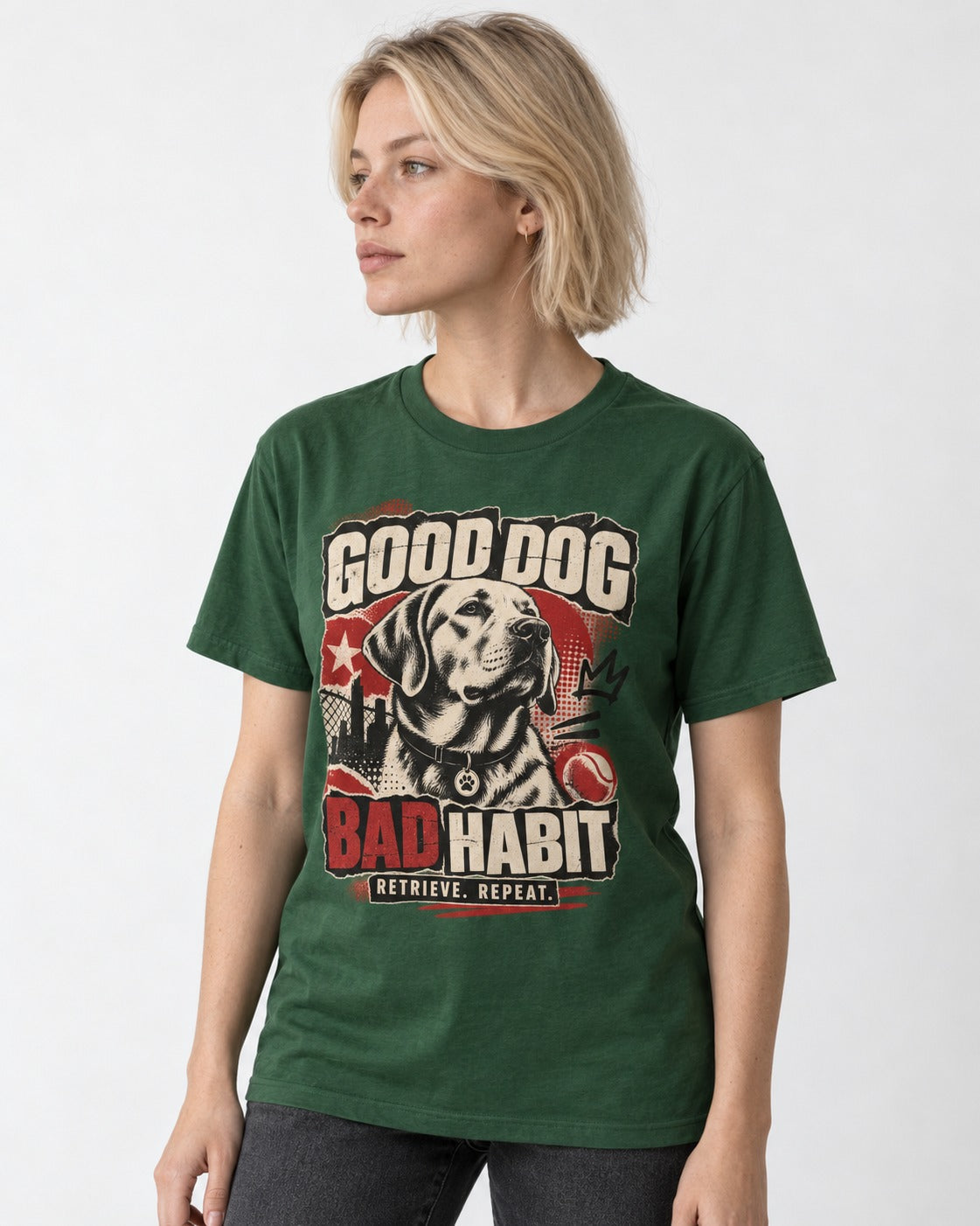 Labrador Retriever Good Dog Bad Habit Poster Graphic T-Shirt in Forest Green, worn by a model
