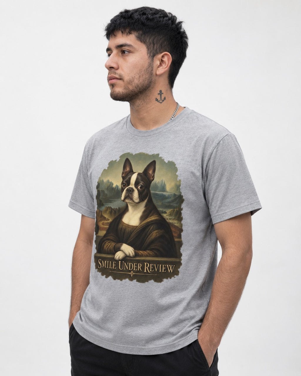 Smile Under Review Boston Terrier Mona Lisa Portrait T-Shirt in Sport Grey, worn by a model