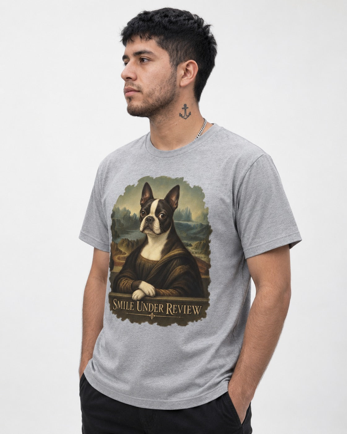 Smile Under Review Boston Terrier Mona Lisa Portrait T-Shirt in Sport Grey, worn by a model