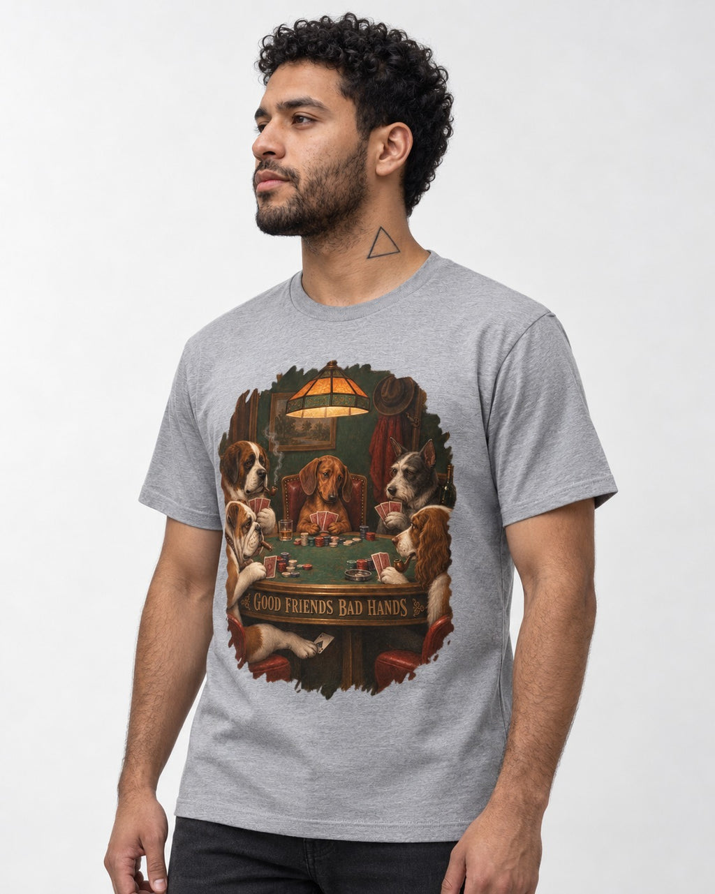 Dachshund Good Friends Bad Hands Poker Scene T-Shirt in Sport Grey, worn by a model