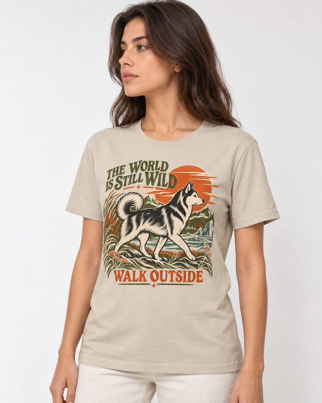 Walk Outside with Husky T-Shirt in Sand, worn by a model