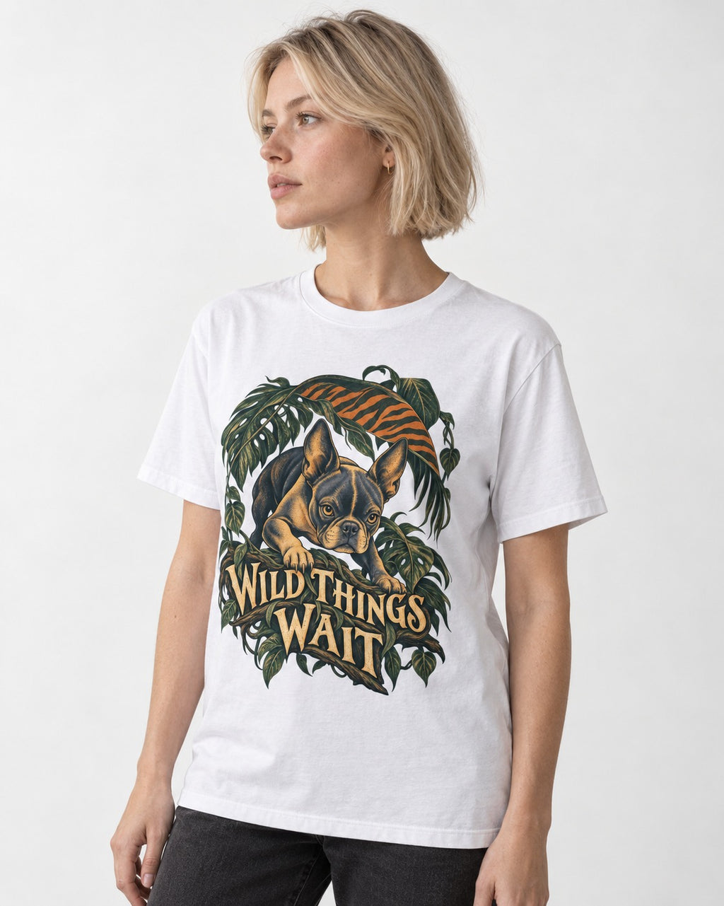 Boston Terrier Wild Things Wait T-Shirt in White, worn by a model