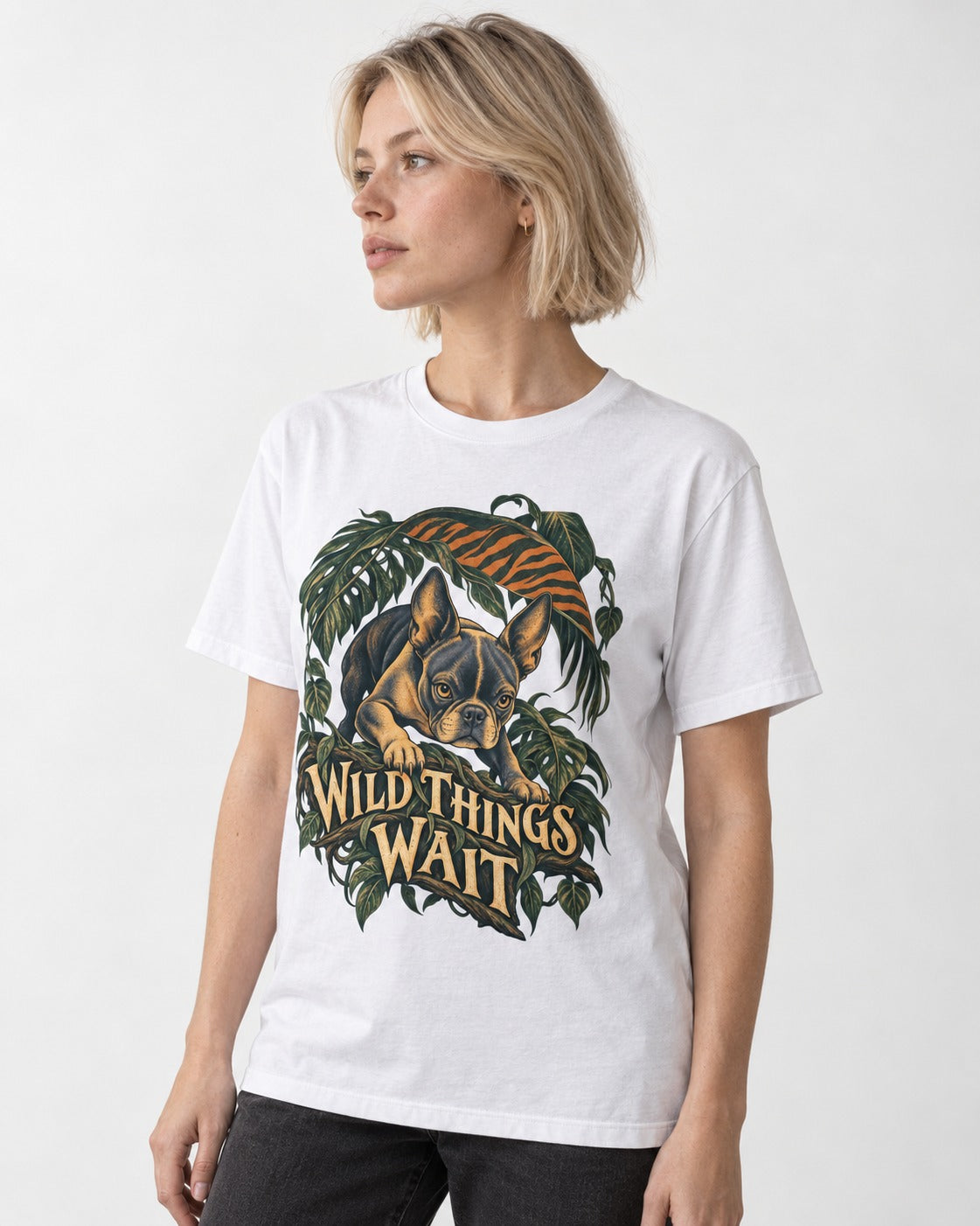 Boston Terrier Wild Things Wait T-Shirt in White, worn by a model