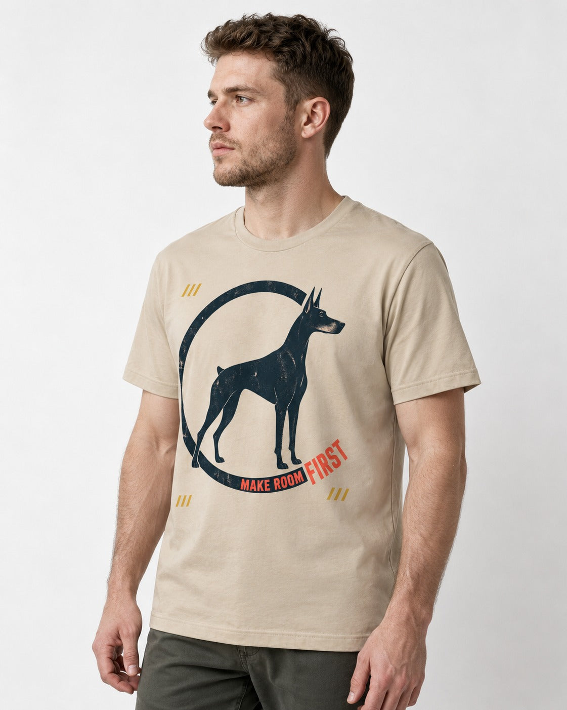 Make Room First Doberman T-Shirt in Sand, worn by a model