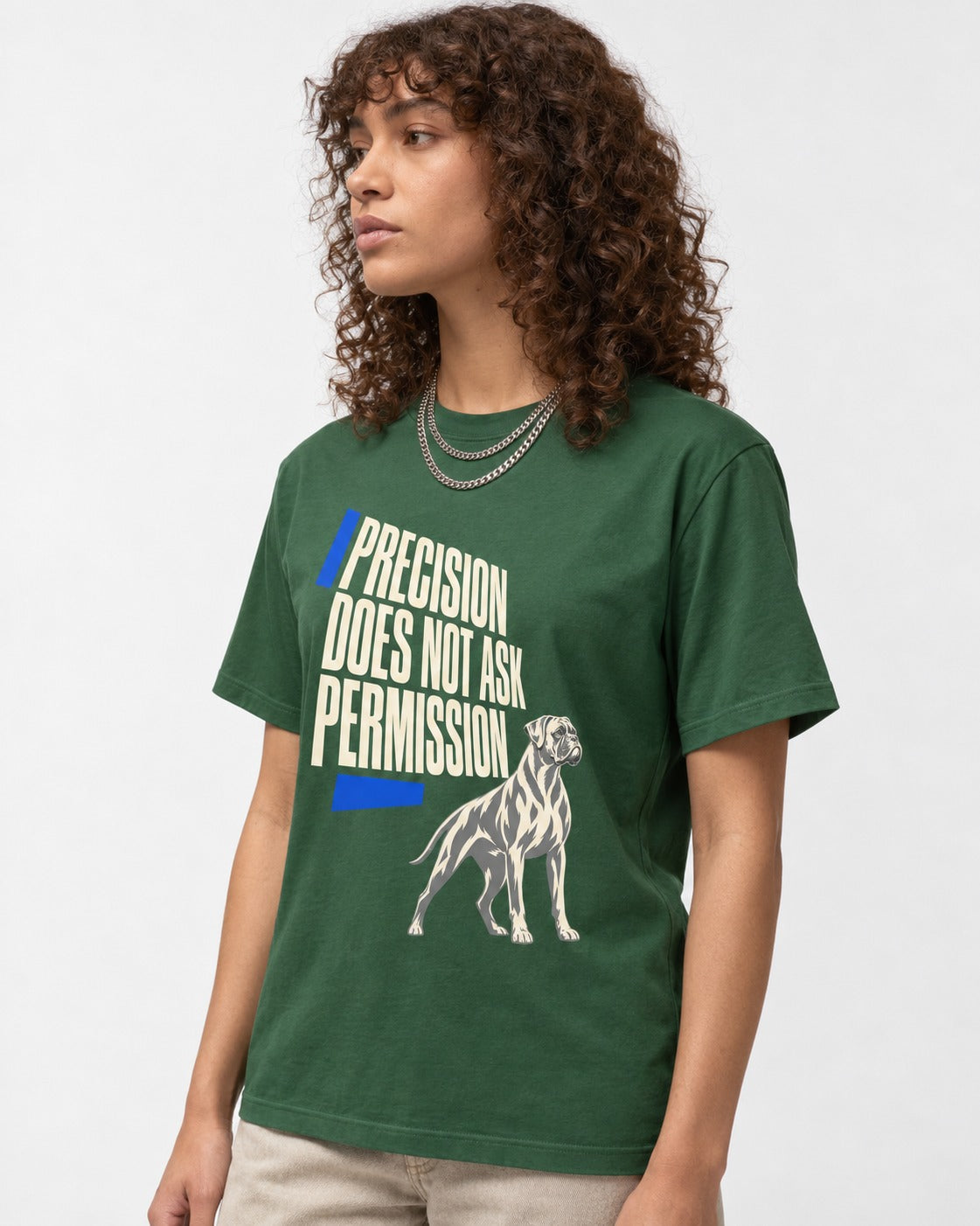 Precision Does Not Ask Permission Boxer T-Shirt in Forest Green, worn by a model