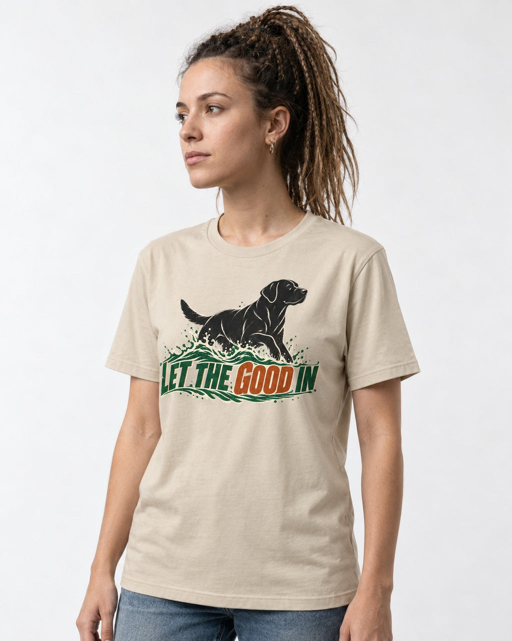 Labrador Retriever Let the Good In T-Shirt in Sand, worn by a model