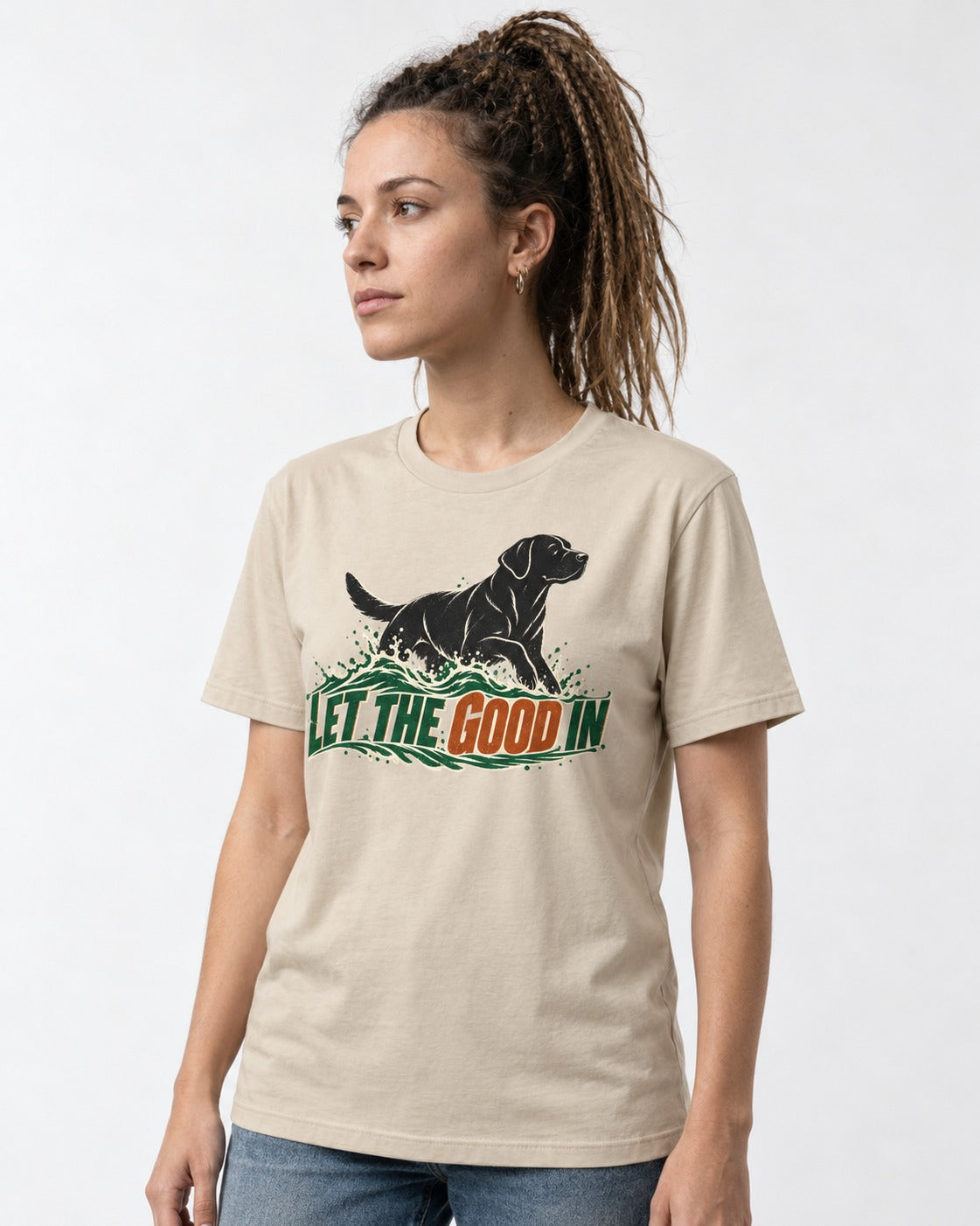 Labrador Retriever Let the Good In T-Shirt in Sand, worn by a model