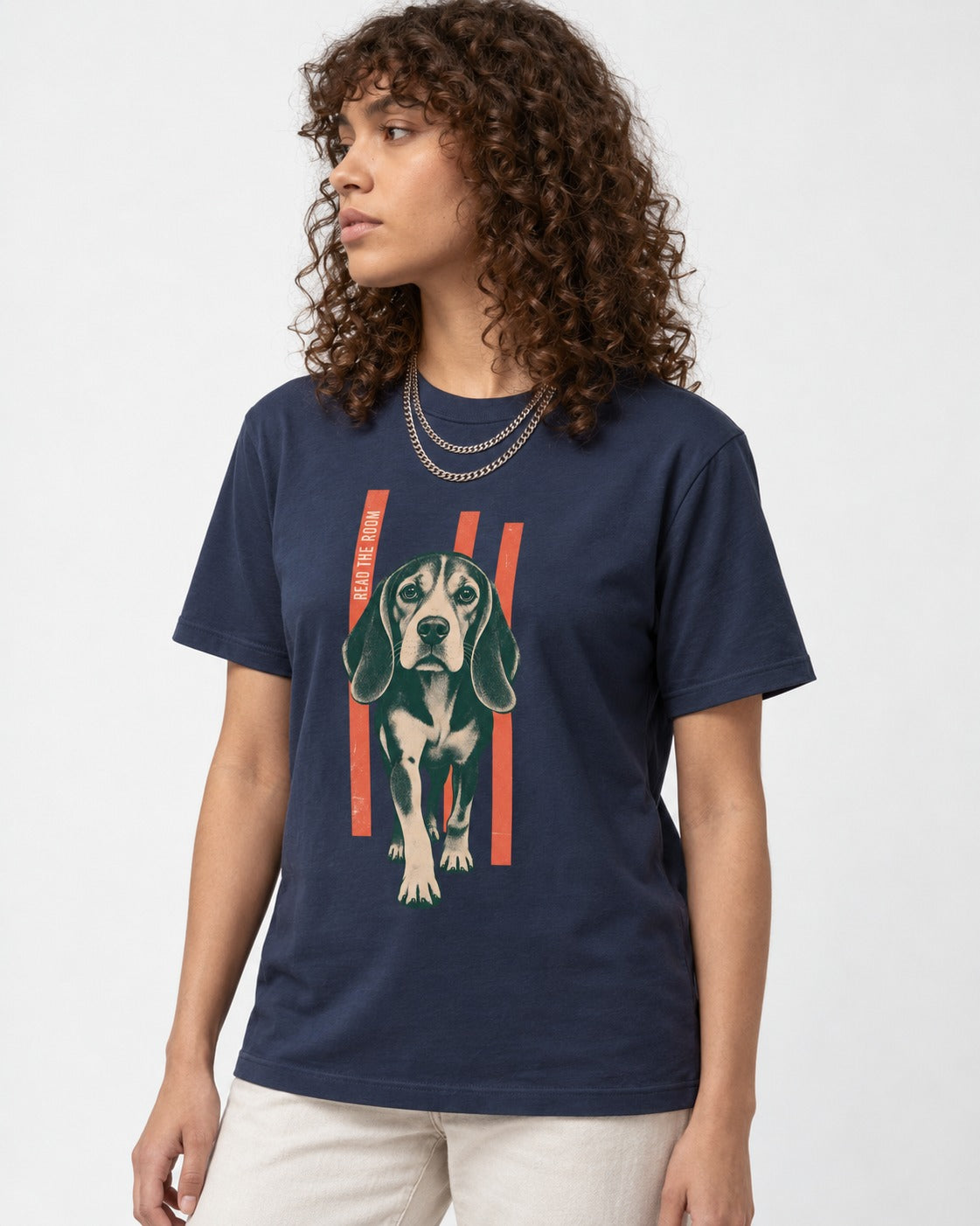 Beagle Before The Move Walking Portrait T-Shirt in Navy, worn by a model