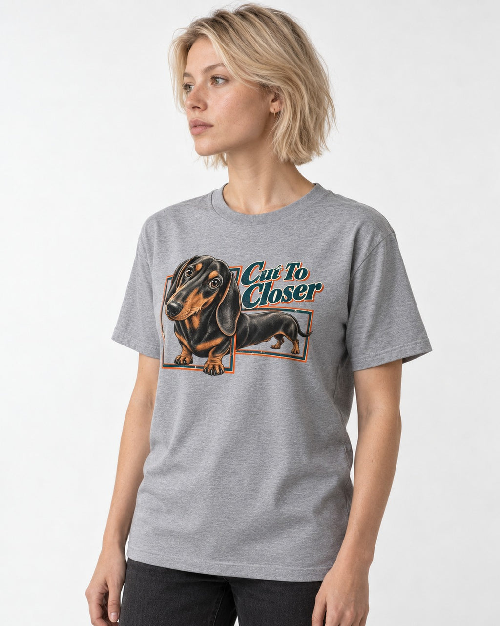 Dachshund Cut to Closer T-Shirt in Sport Grey, worn by a model