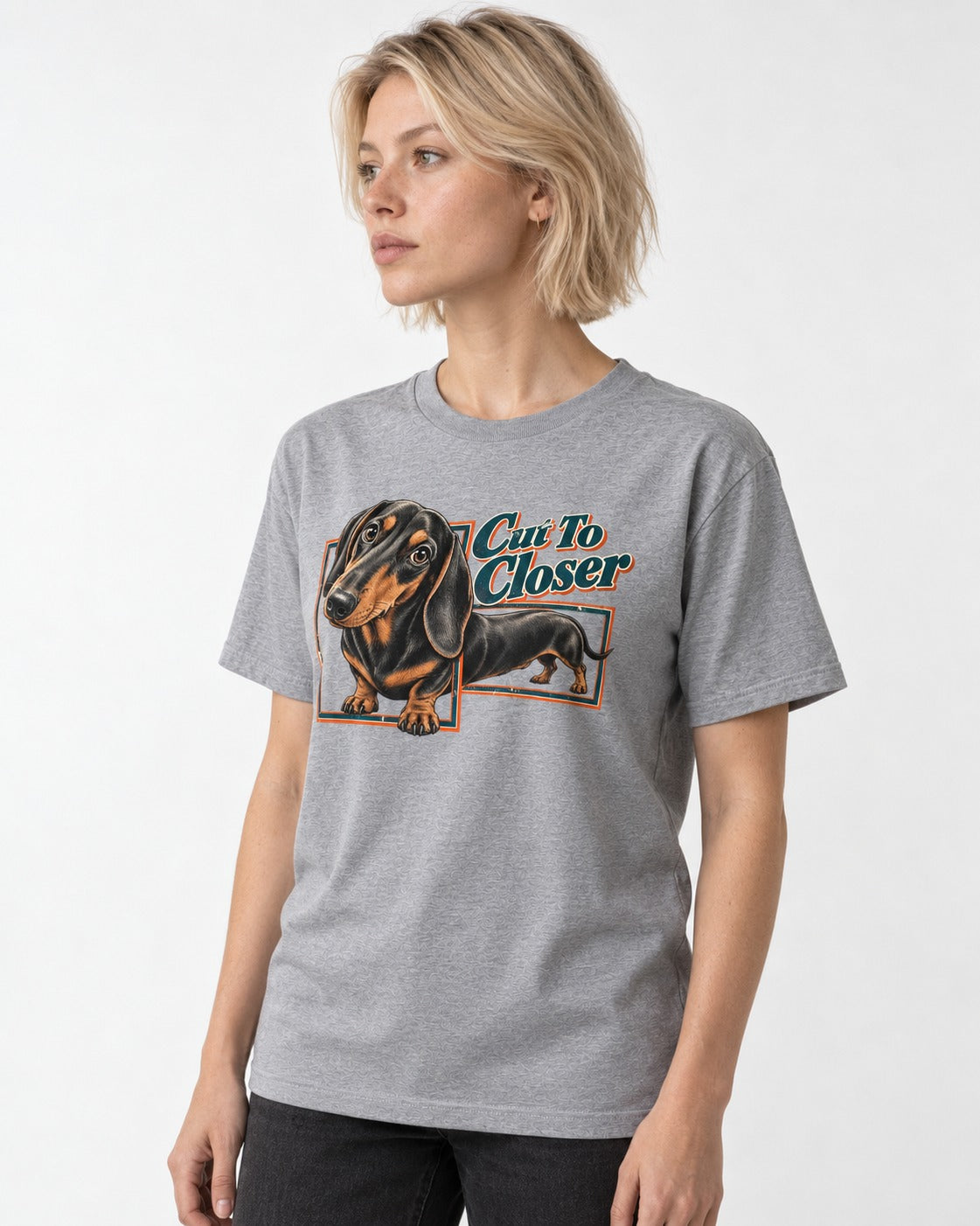 Dachshund Cut to Closer T-Shirt in Sport Grey, worn by a model