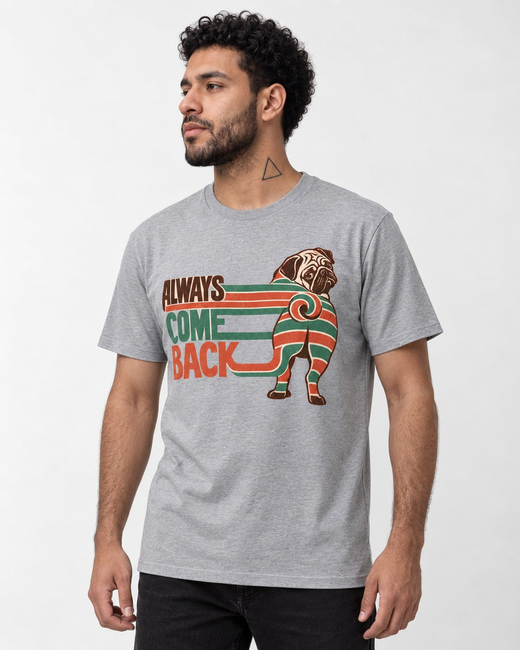 Pug Always Come Back Striped Body Graphic T-Shirt in Sport Grey, worn by a model