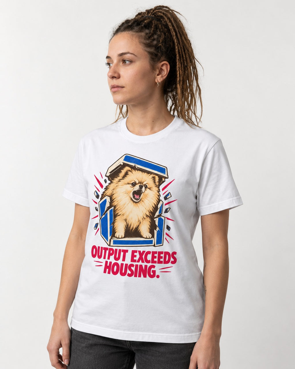 Pomeranian Output Exceeds Housing Bark Compression Graphic T-Shirt in White, worn by a model