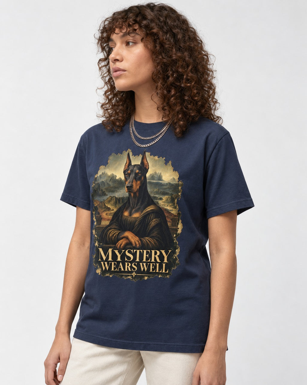 Doberman Mystery Wears Well Renaissance Portrait Graphic T-Shirt in Navy, worn by a model