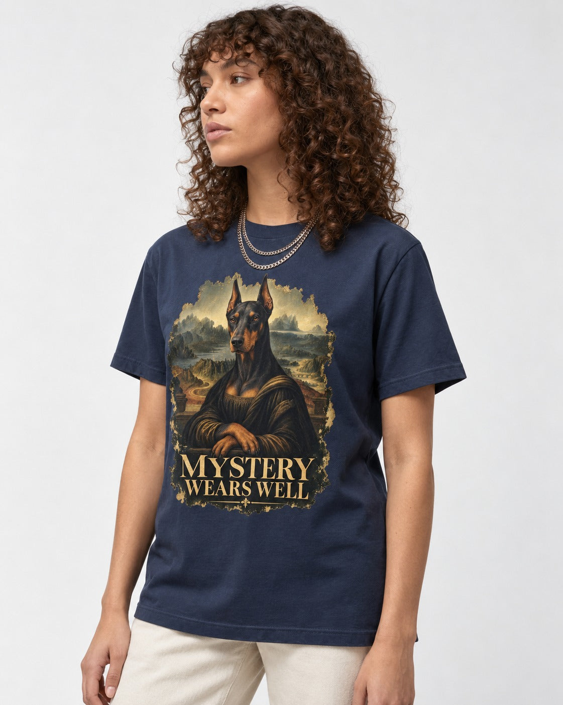 Doberman Mystery Wears Well Renaissance Portrait Graphic T-Shirt in Navy, worn by a model