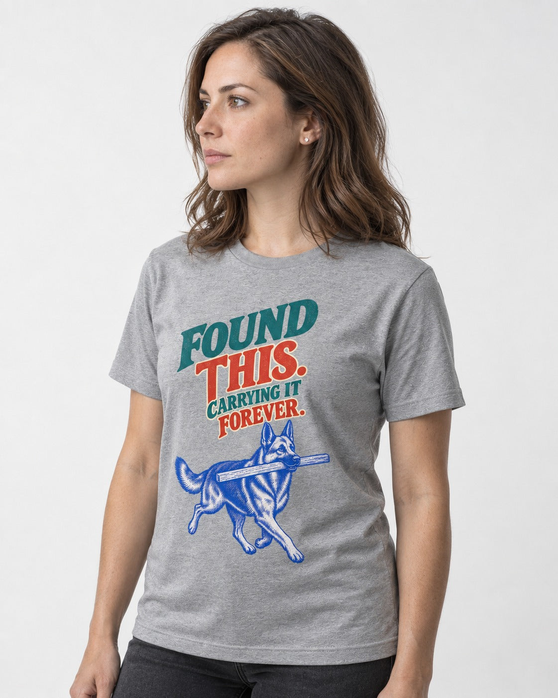 German Shepherd Dog Carrying It Forever T-Shirt in Sport Grey, worn by a model