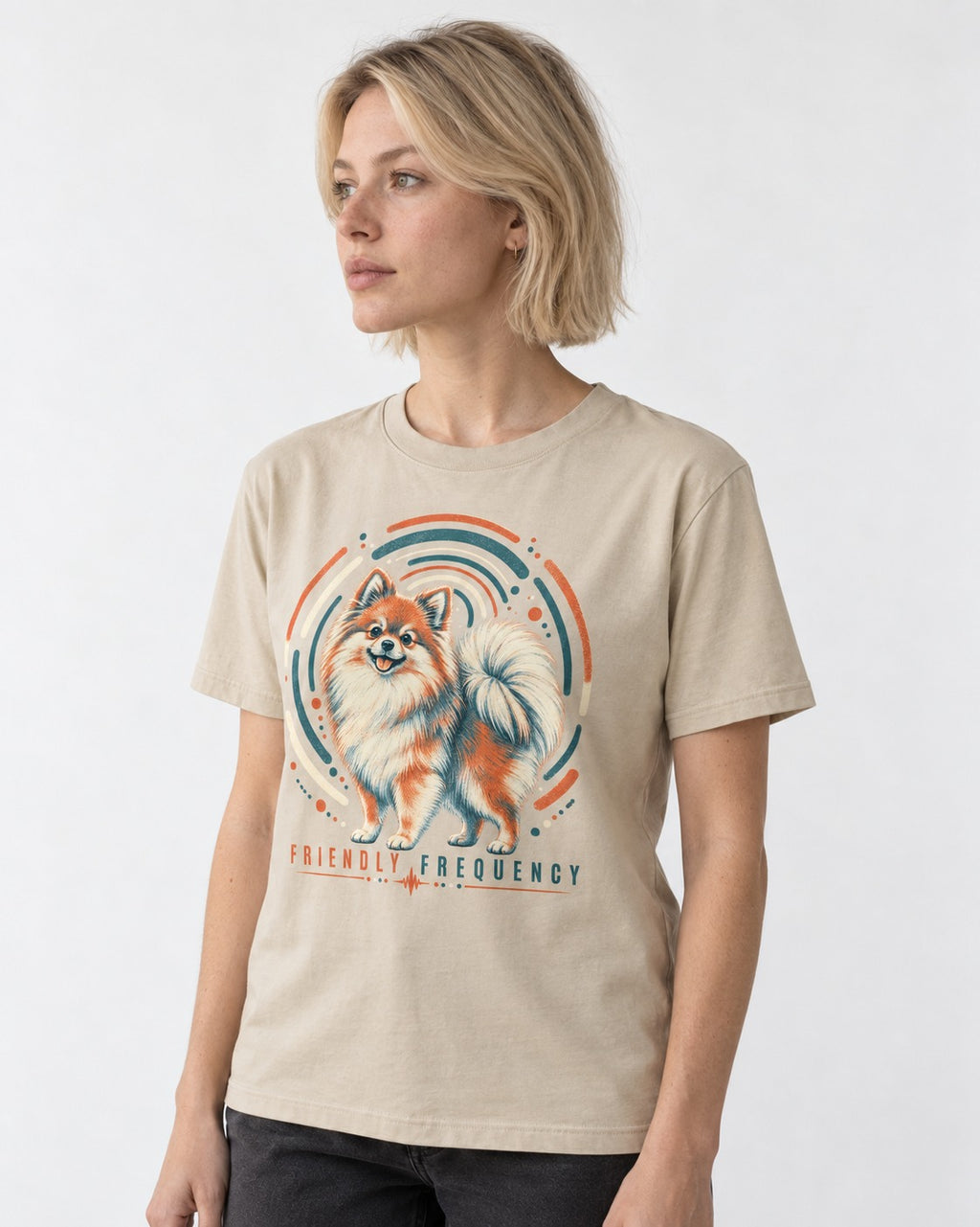 Friendly Frequency Pomeranian T-Shirt in Sand, worn by a model