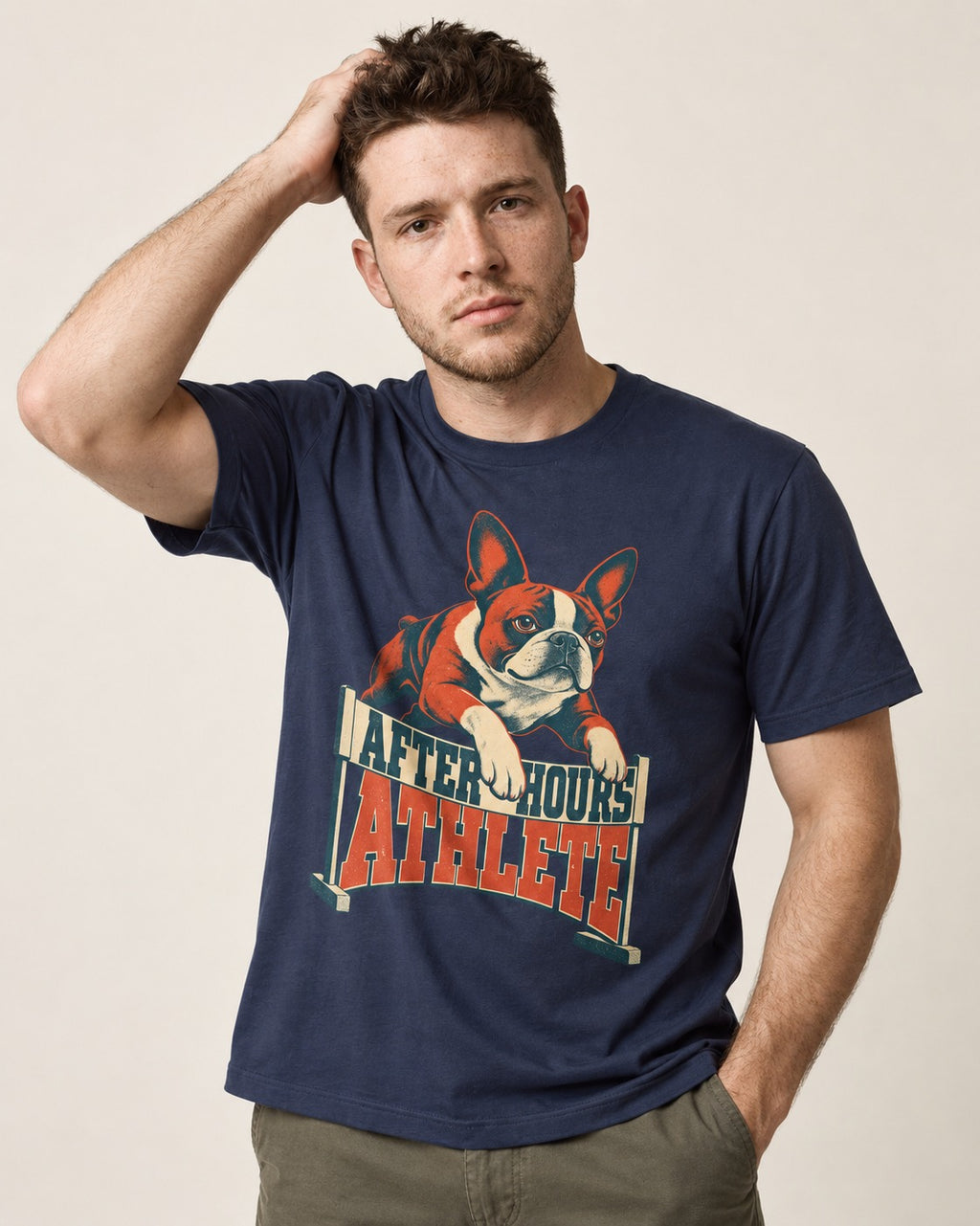 After Hours Athlete Boston Terrier T-Shirt in Navy, worn by a model