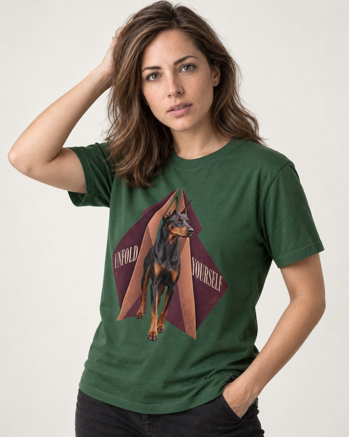 Doberman Unfold Yourself Geometric Portrait Graphic T-Shirt in Forest Green, worn by a model