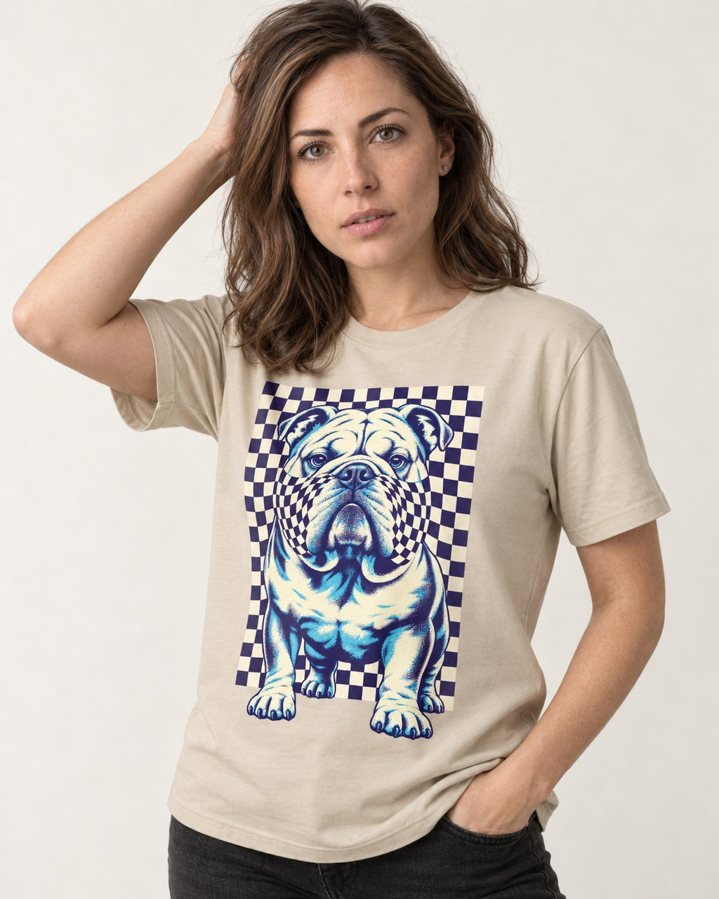 English Bulldog Double Take T-Shirt in Sand, worn by a model