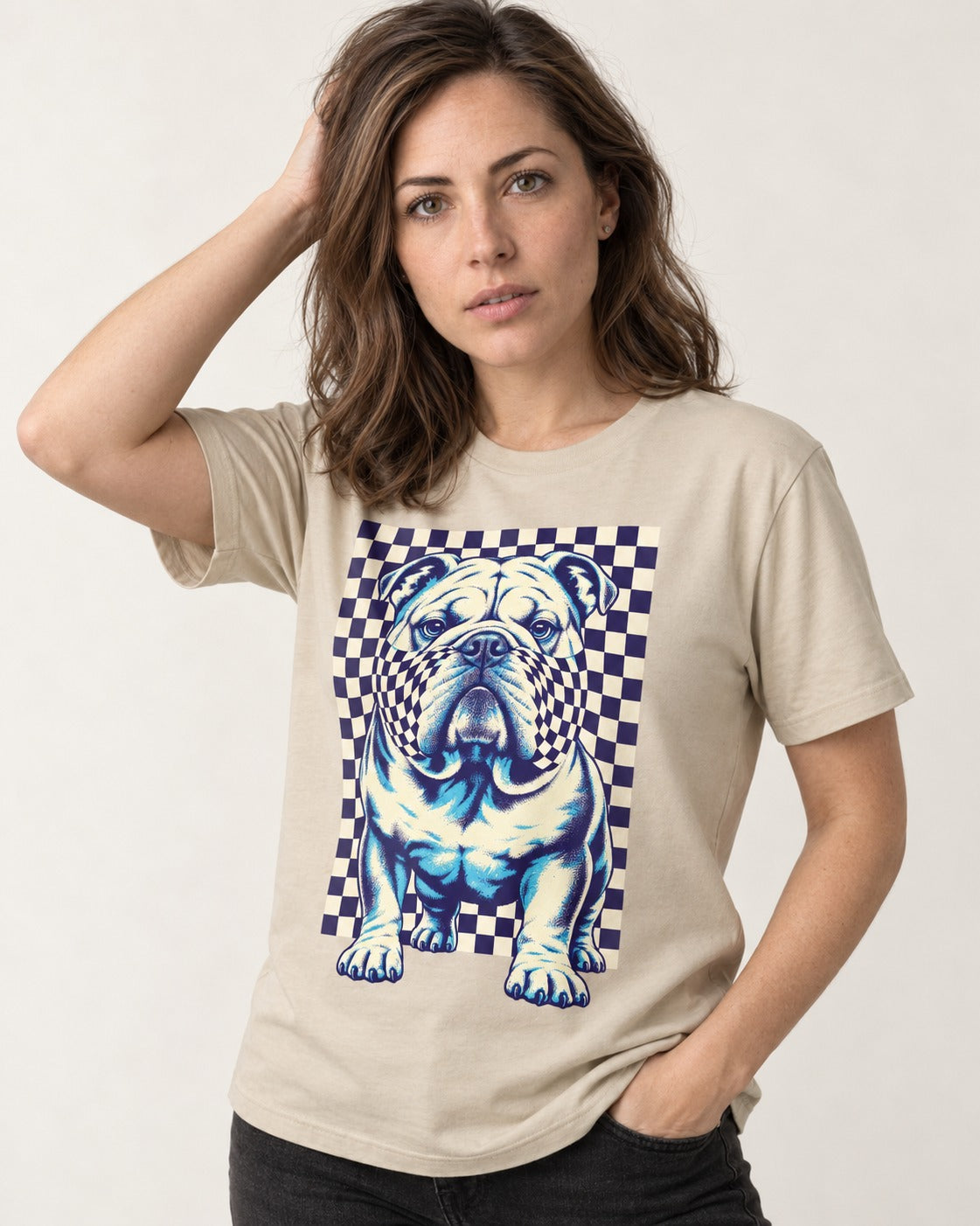 English Bulldog Double Take T-Shirt in Sand, worn by a model
