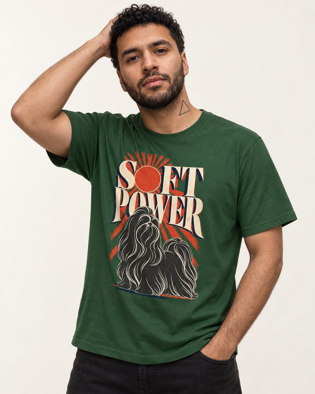 Shih Tzu Soft Power Sunburst Graphic T-Shirt in Forest Green, worn by a model