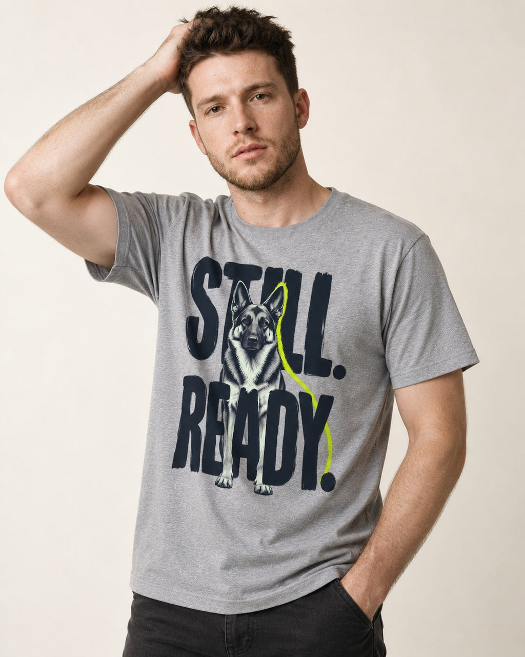 Still Ready German Shepherd Dog T-Shirt in Sport Grey, worn by a model