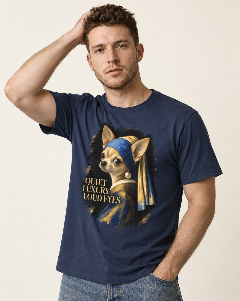Chihuahua Quiet Luxury Loud Eyes Pearl Earring Portrait T-Shirt in Navy, worn by a model
