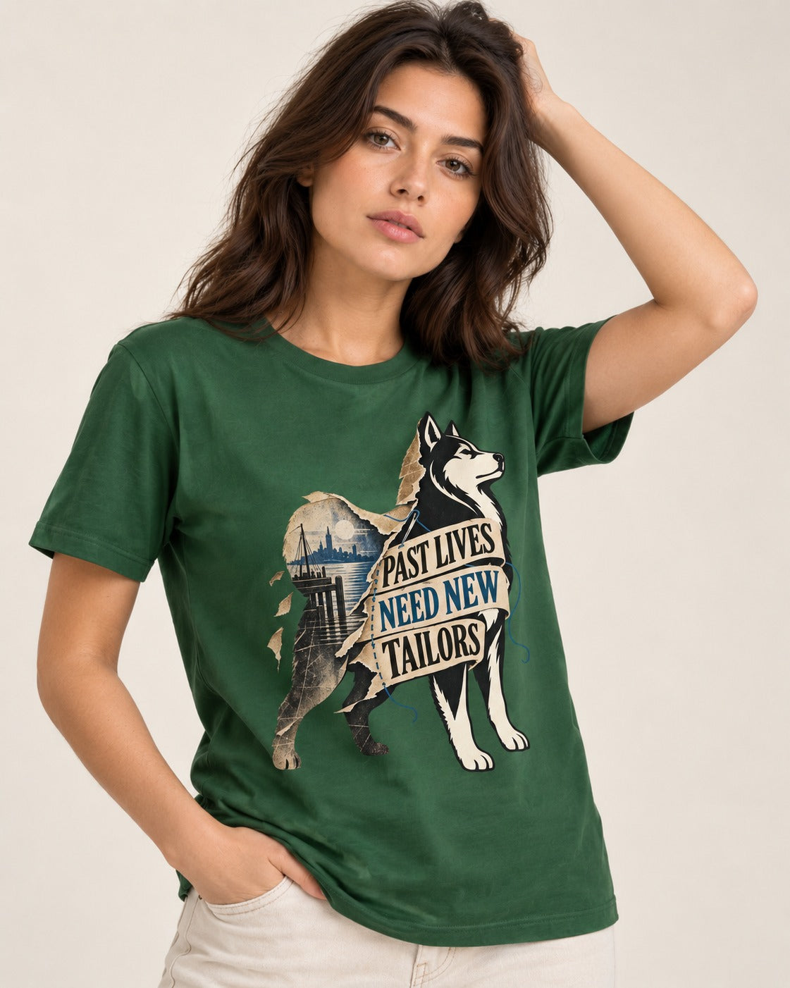 Husky Past Lives Need New Tailors Split Identity Graphic T-Shirt in Forest Green, worn by a model