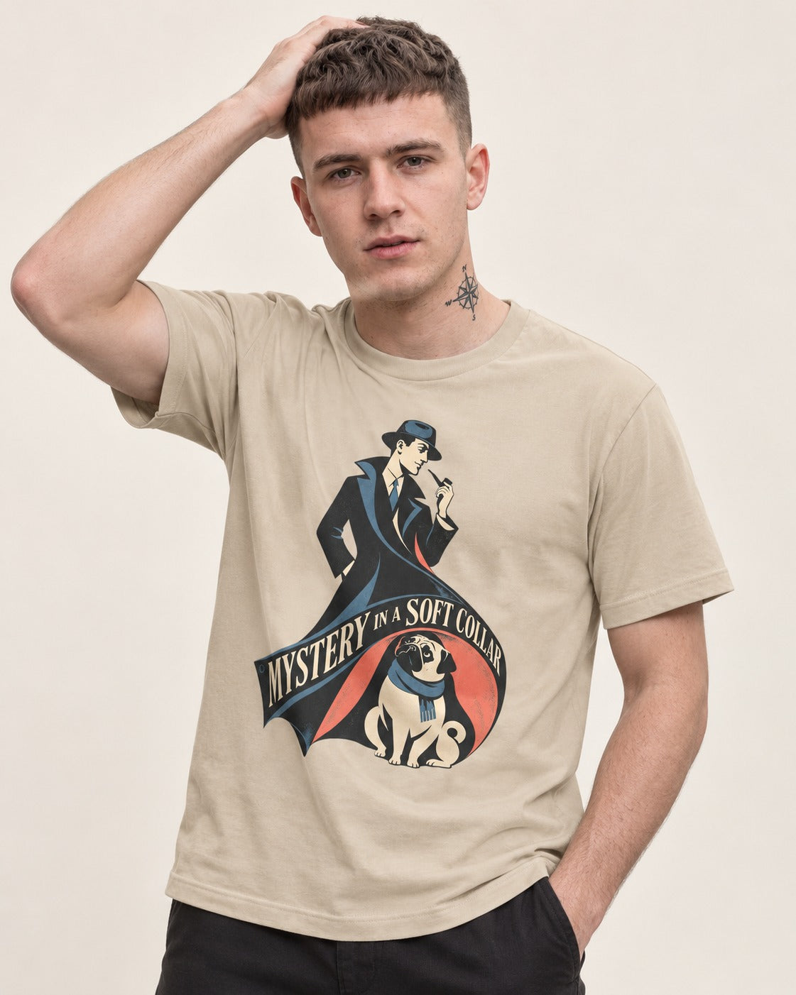 Pug Soft Collar Mystery T-Shirt in Sand, worn by a model