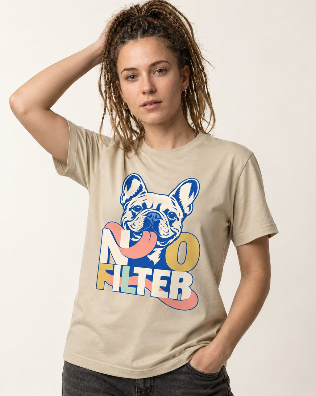 No Filter Frenchie T-Shirt in Sand, worn by a model