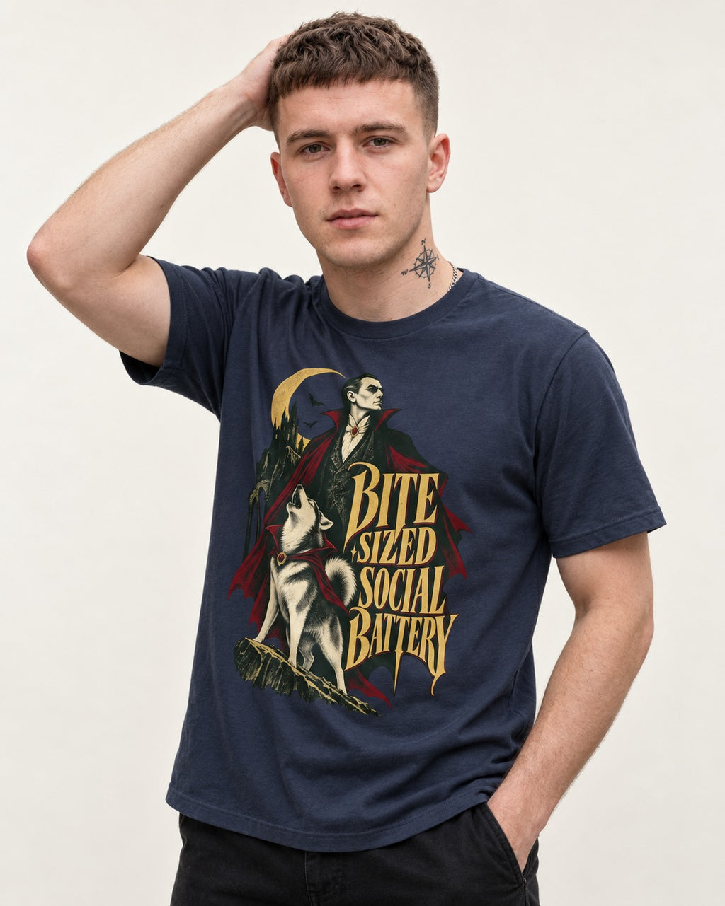 Husky Bite Sized Social Battery Vampire Graphic T-Shirt in Navy, worn by a model