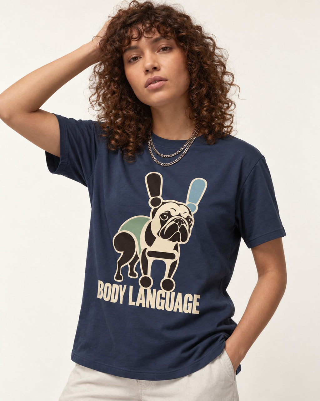 Frenchie Body Language Punctuation Graphic T-Shirt in Navy, worn by a model