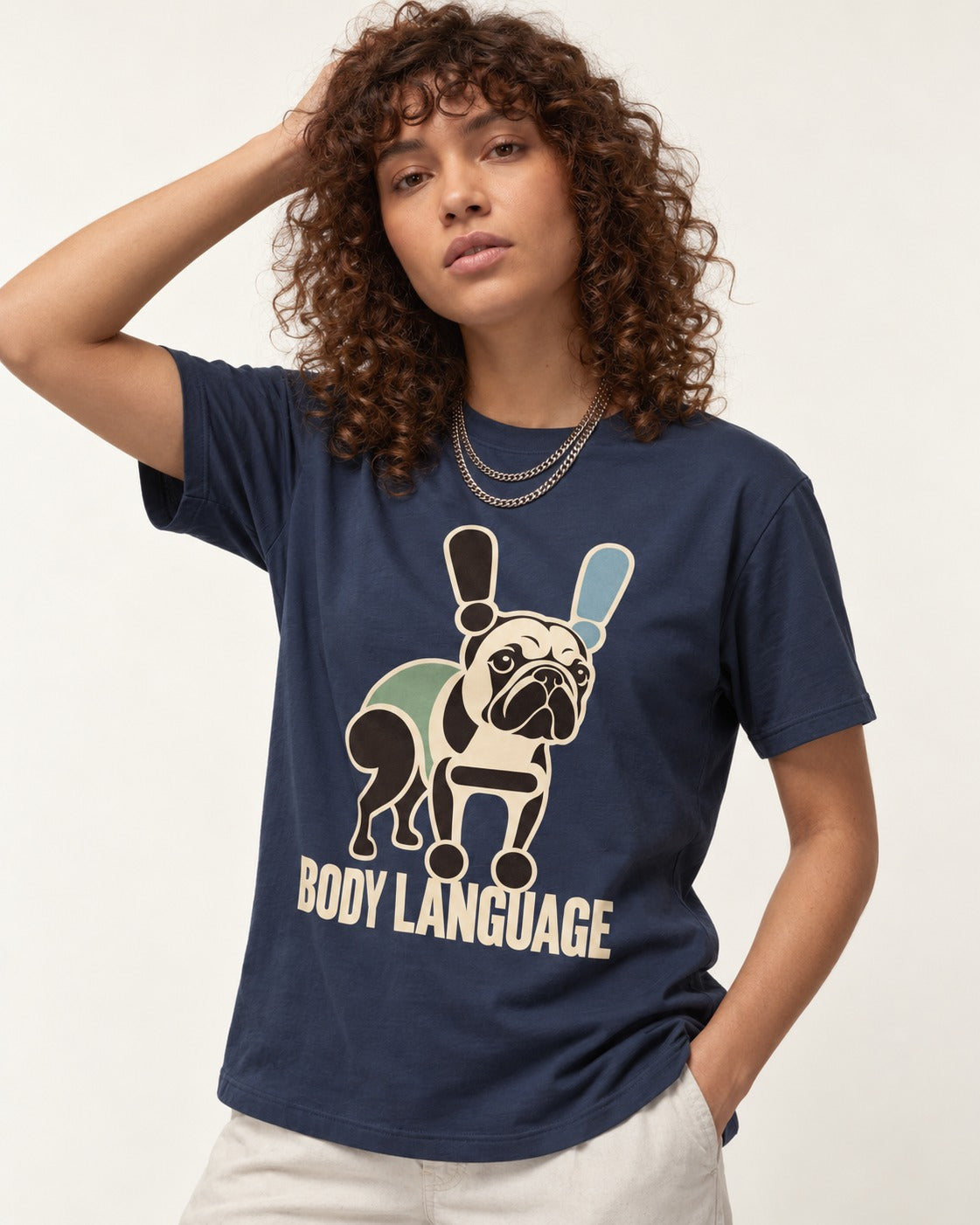 Frenchie Body Language Punctuation Graphic T-Shirt in Navy, worn by a model