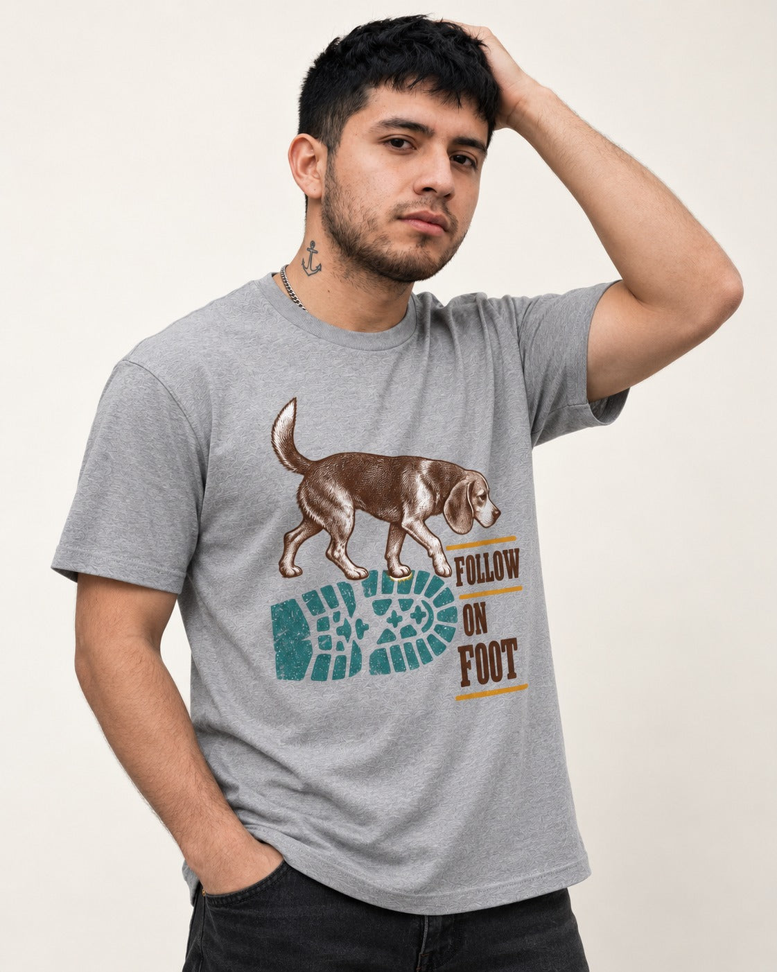 Follow the Beagle on Foot T-Shirt in Sport Grey, worn by a model