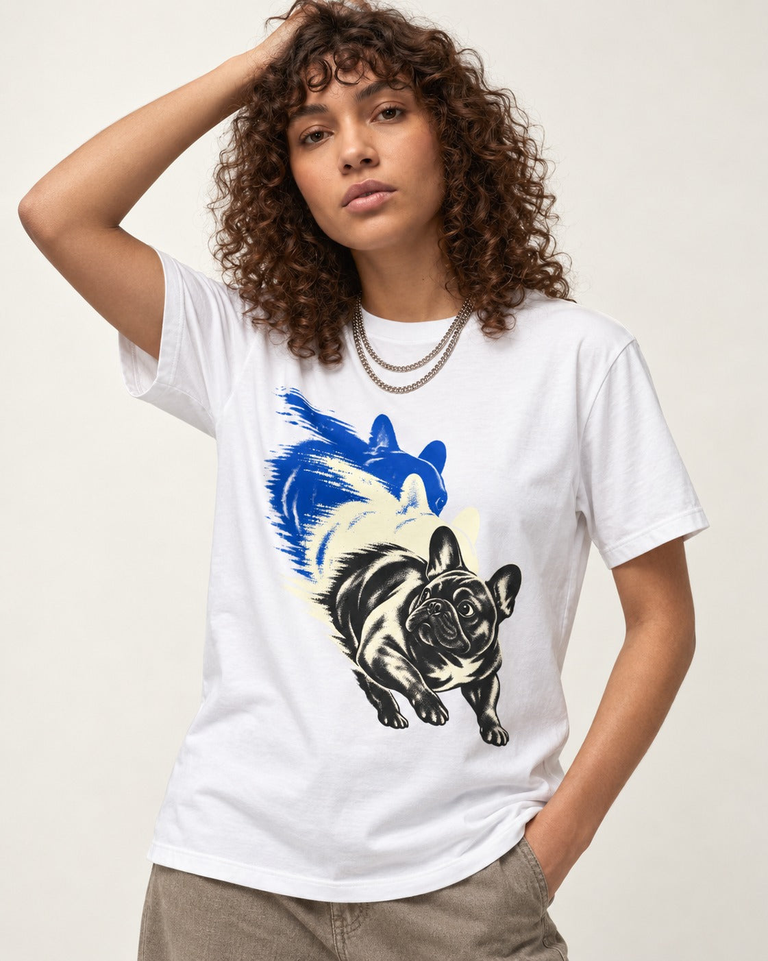 Frenchie Blue Brush Zoomie Graphic T-Shirt in White, worn by a model