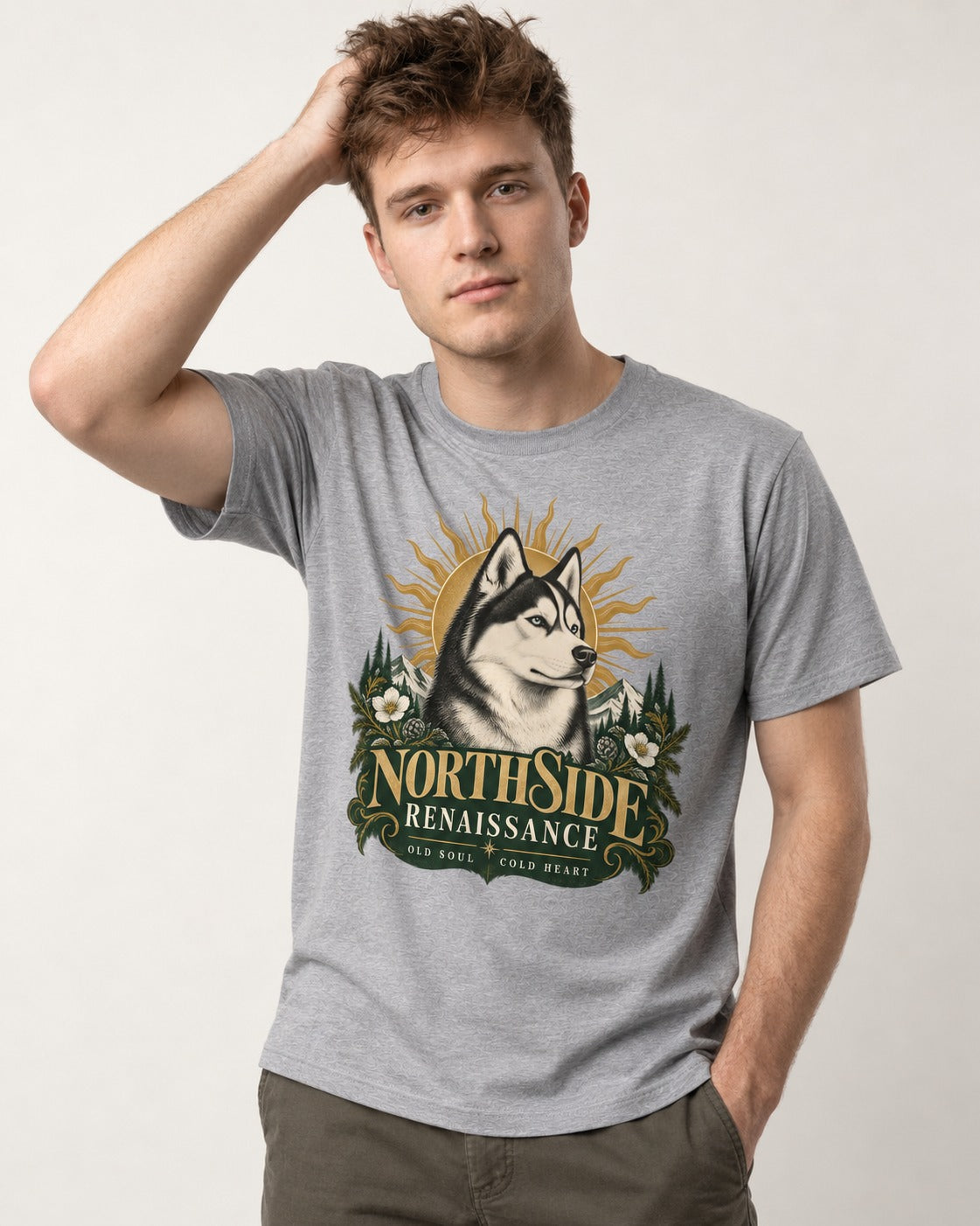 Northside Renaissance Husky T-Shirt in Sport Grey, worn by a model