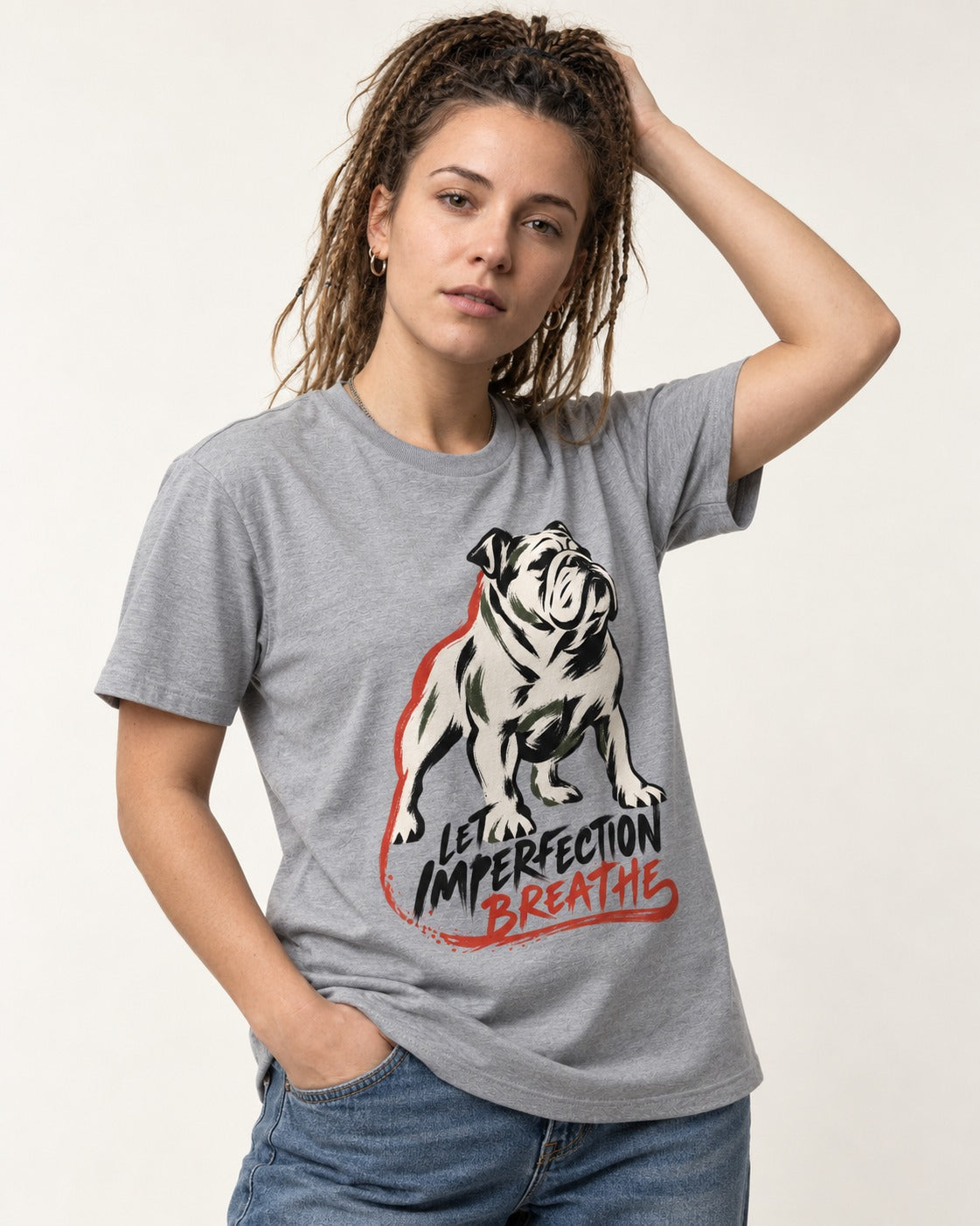 Let Imperfection Breathe English Bulldog T-Shirt in Sport Grey, worn by a model