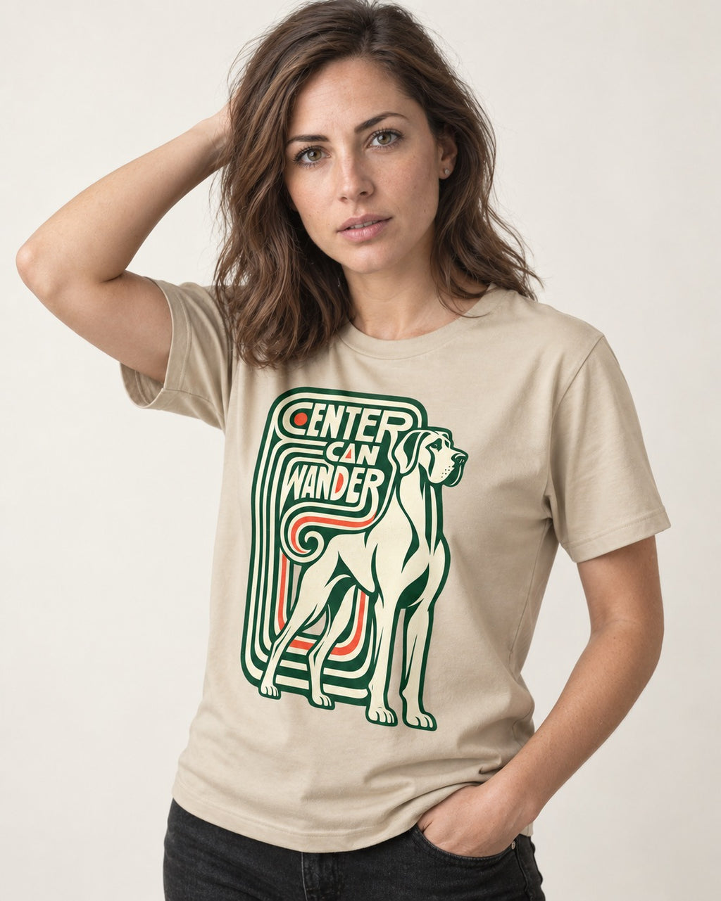 Great Dane Center Can Wander T-Shirt in Sand, worn by a model