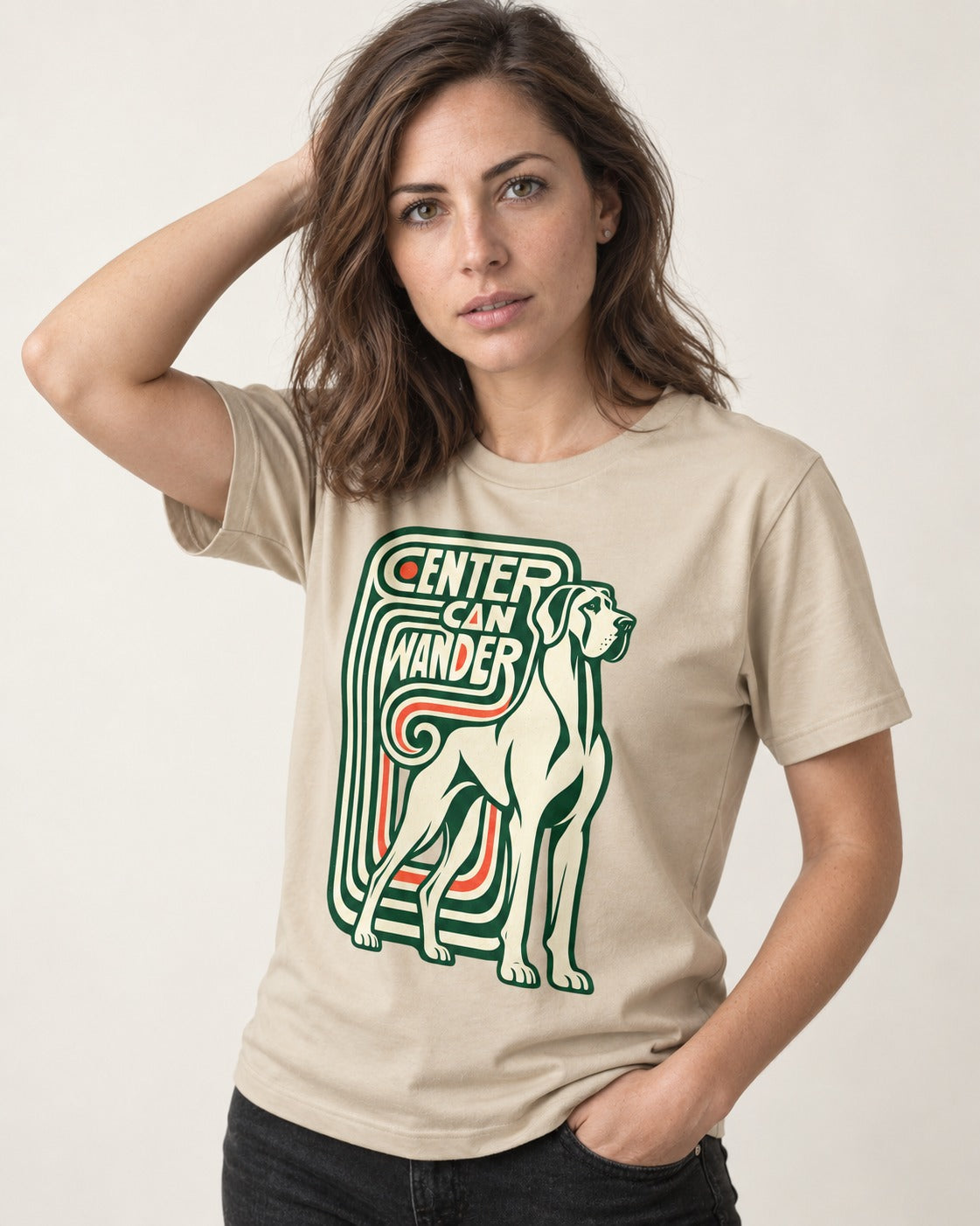 Great Dane Center Can Wander T-Shirt in Sand, worn by a model