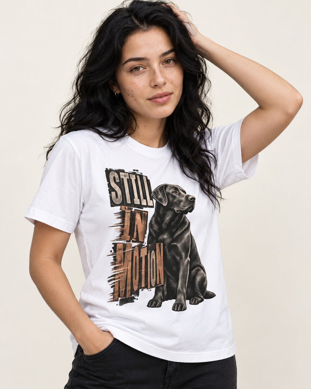 Labrador Retriever Still in Motion Seated Graphic T-Shirt in White, worn by a model