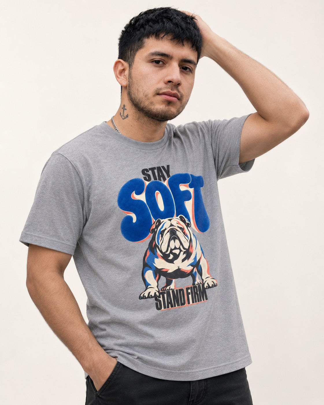 Stay Soft Stand Firm English Bulldog T-Shirt in Sport Grey, worn by a model
