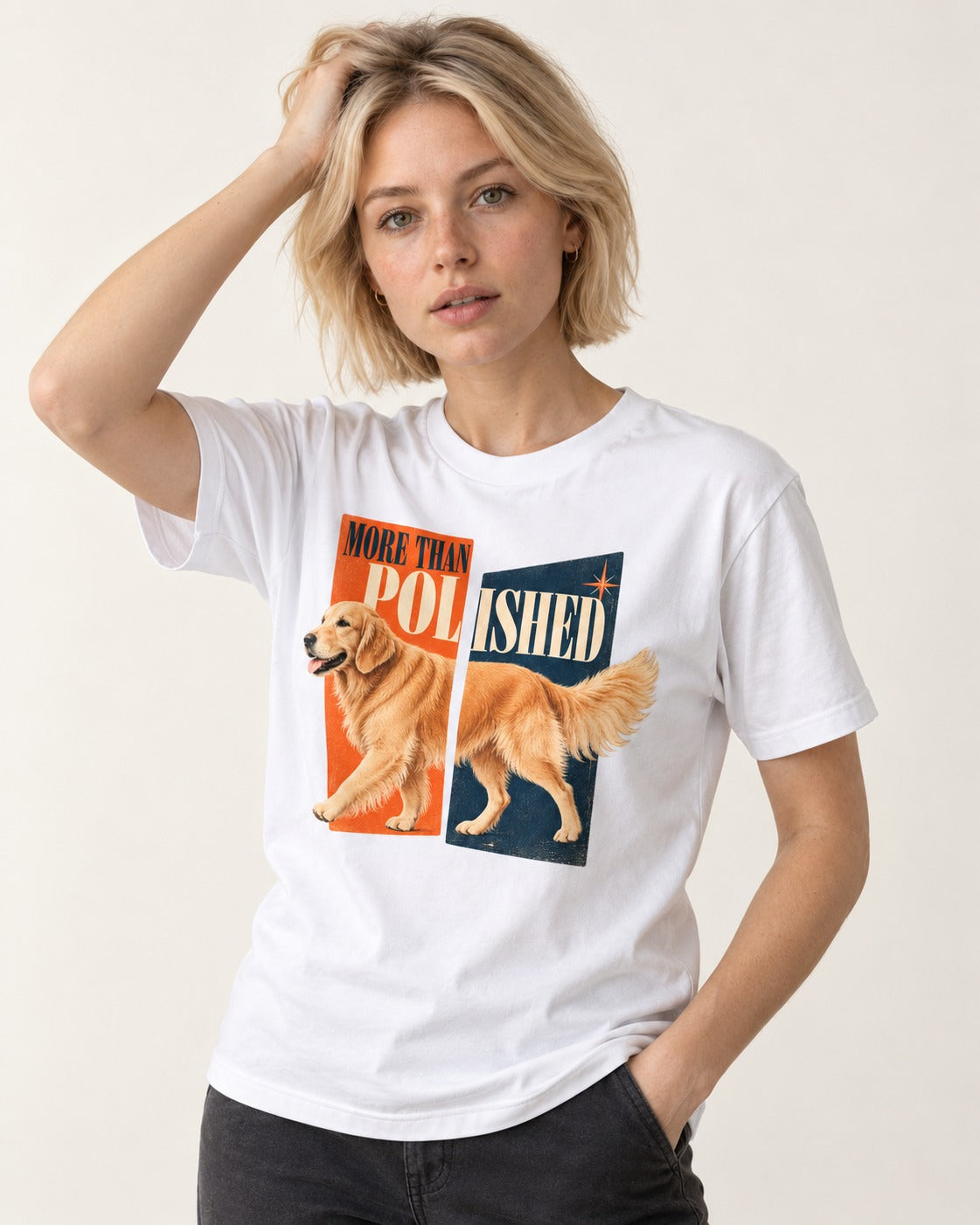 Golden Retriever More Than Polished Split Panel Graphic T-Shirt in White, worn by a model