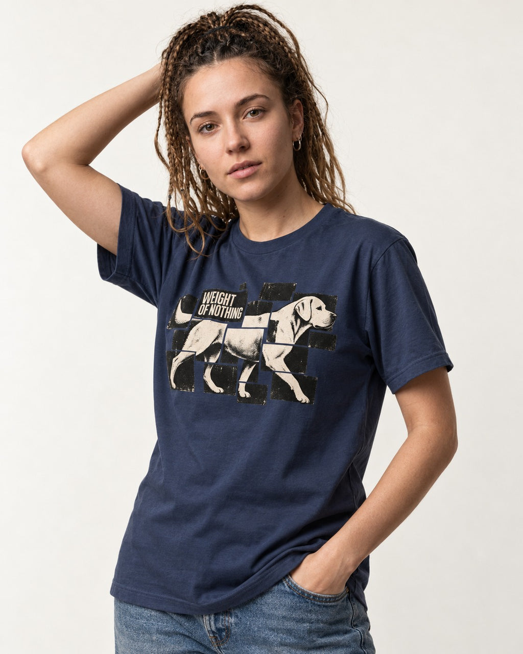 Labrador Retriever Weight of Nothing Fragmented Tile Graphic T-Shirt in Navy, worn by a model