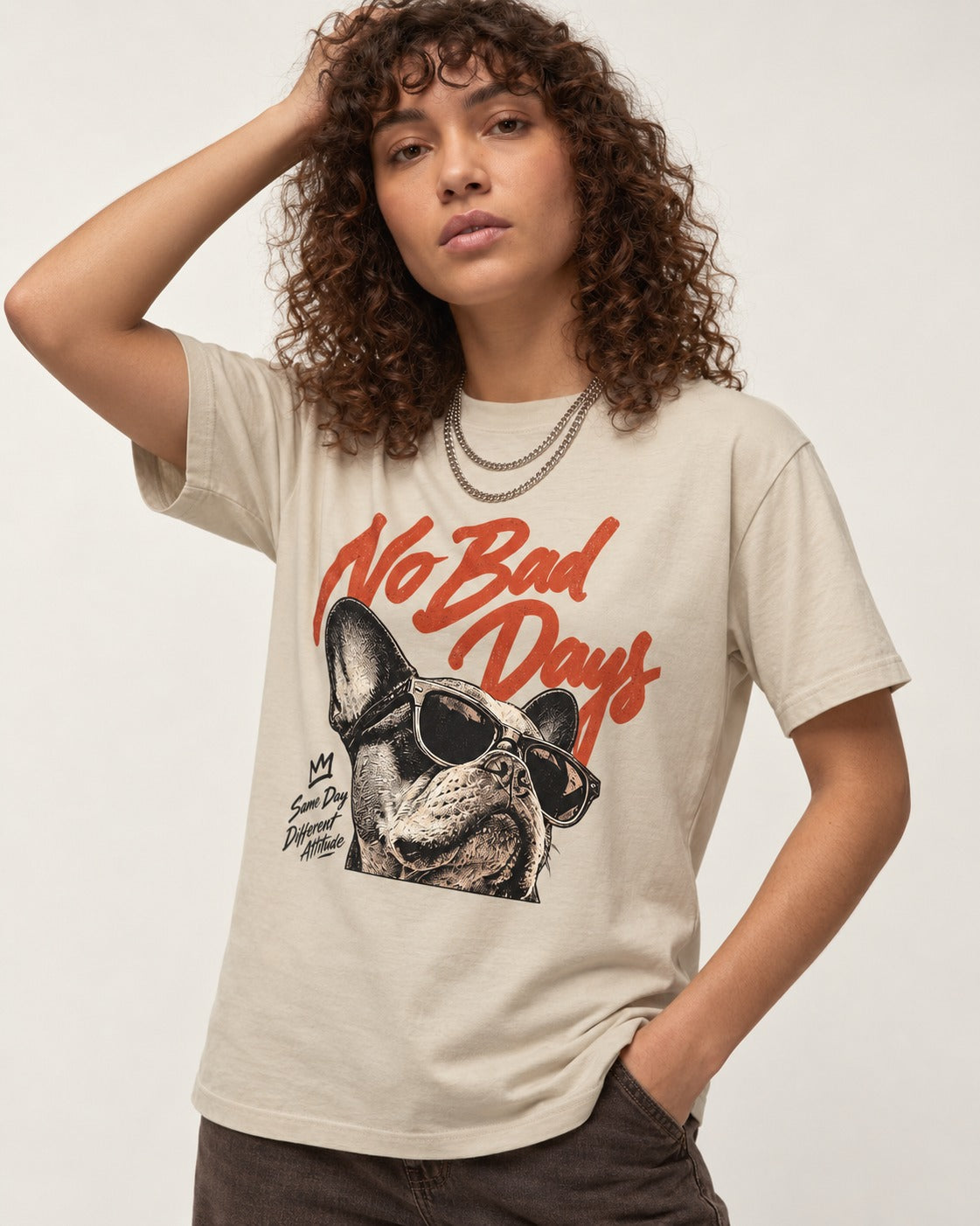 Frenchie No Bad Days T-Shirt in Sand, worn by a model
