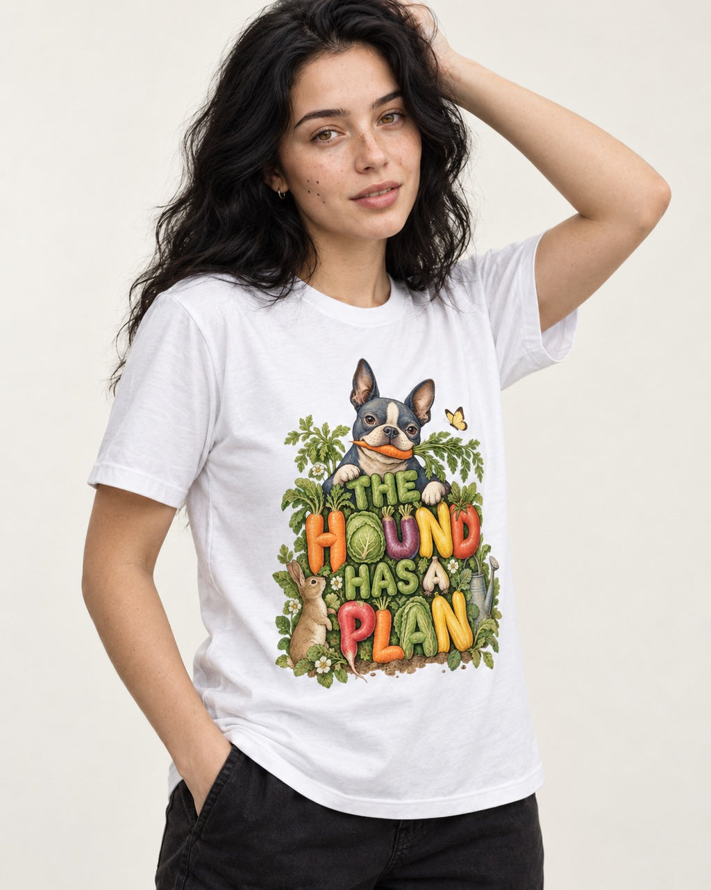 The Hound Has a Plan Boston Terrier T-Shirt in White, worn by a model