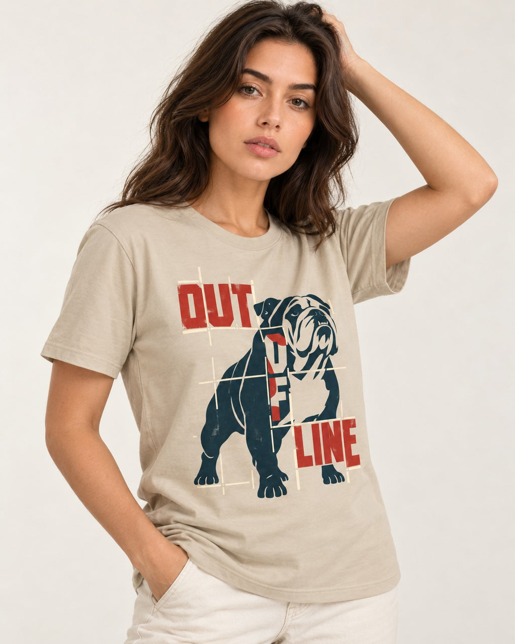English Bulldog Out of Line T-Shirt in Sand, worn by a model