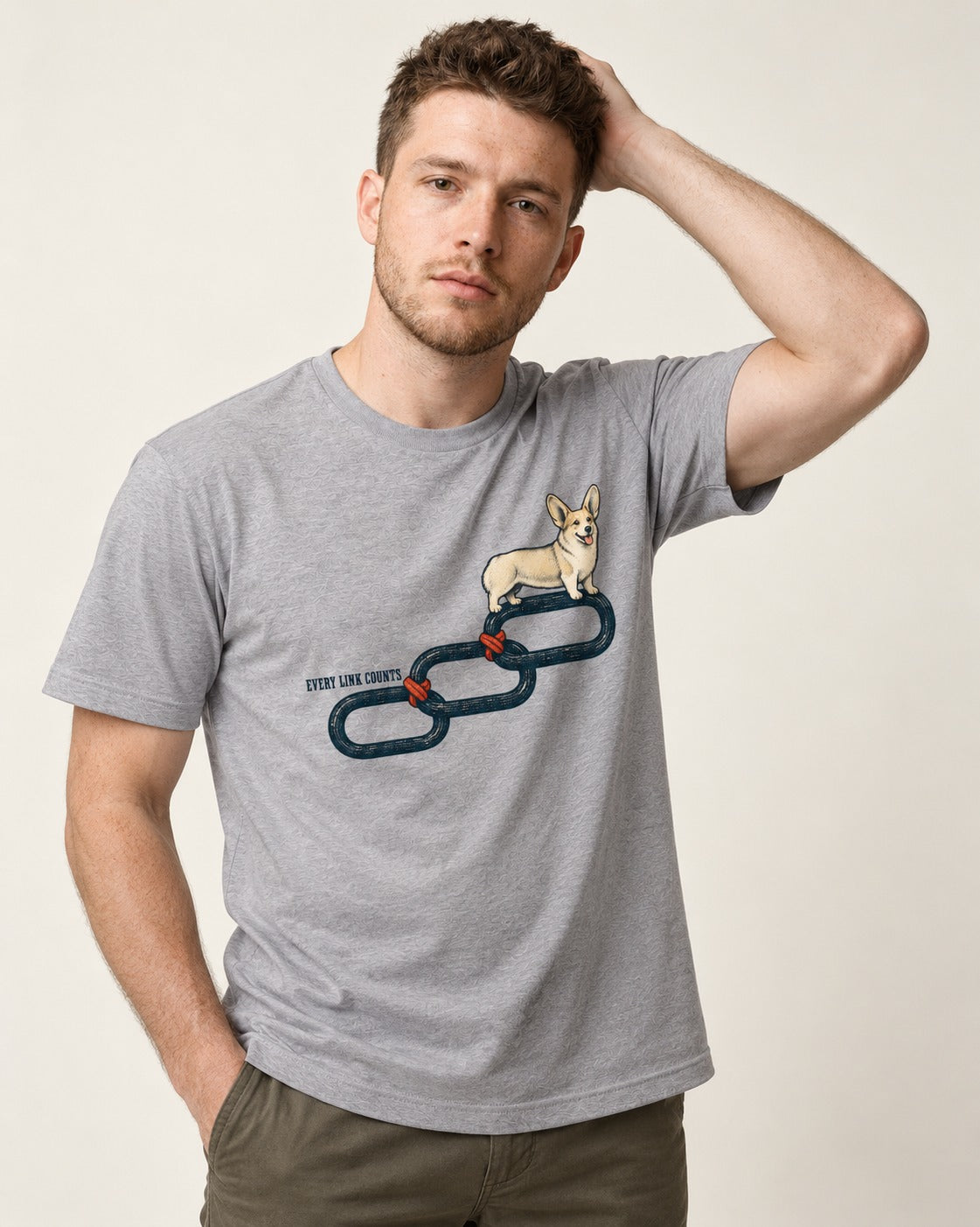 Every Corgi Link Counts T-Shirt in Sport Grey, worn by a model