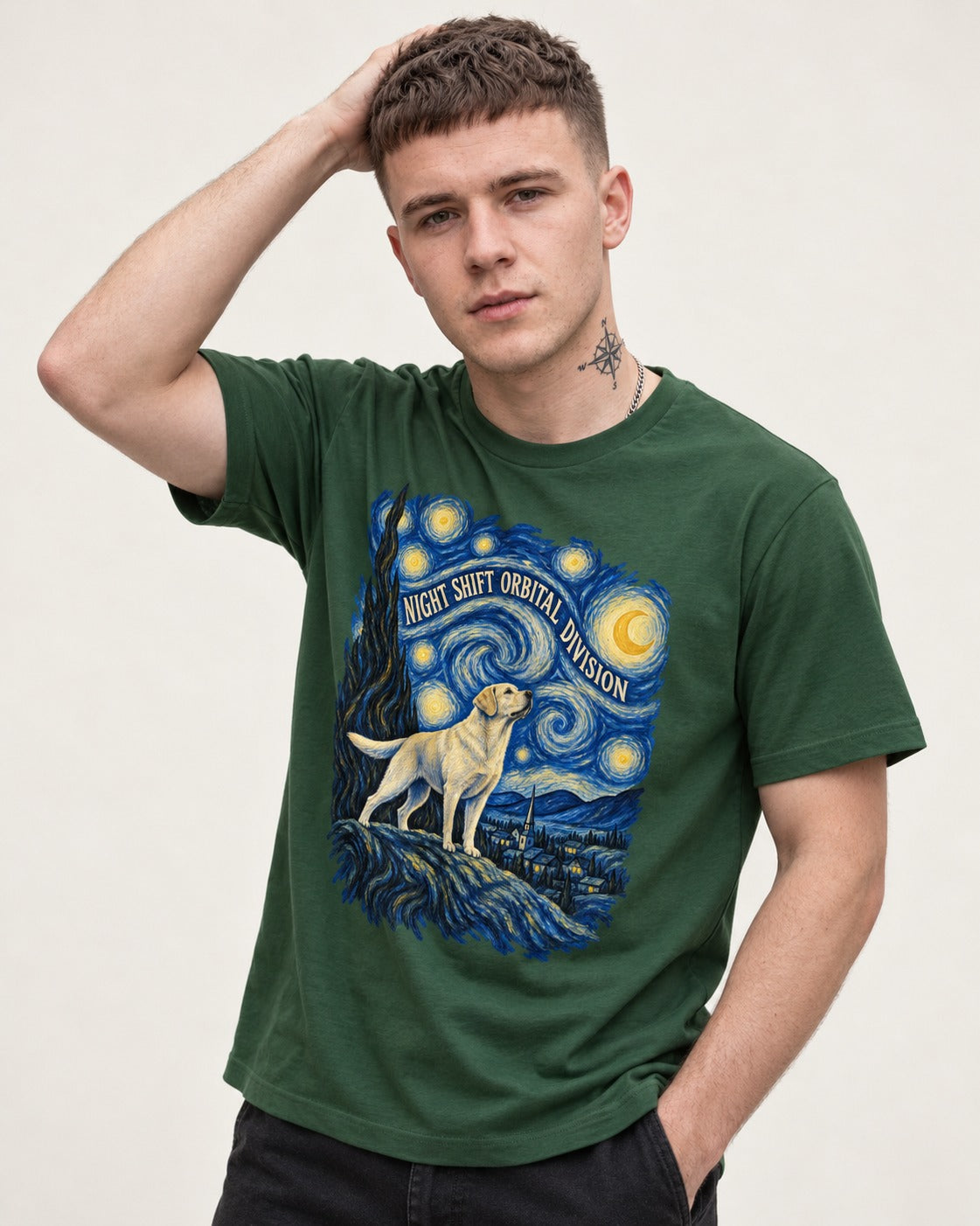 Labrador Retriever Night Shift Orbital Division Starry Night Graphic T-Shirt in Forest Green, worn by a model