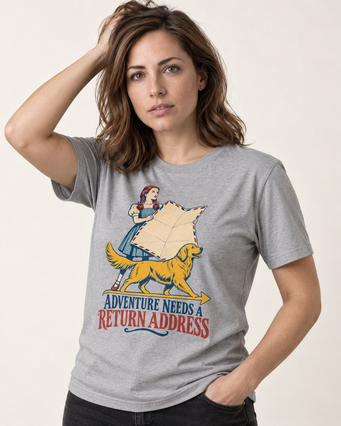 Golden Retriever Return Address T-Shirt in Sport Grey, worn by a model